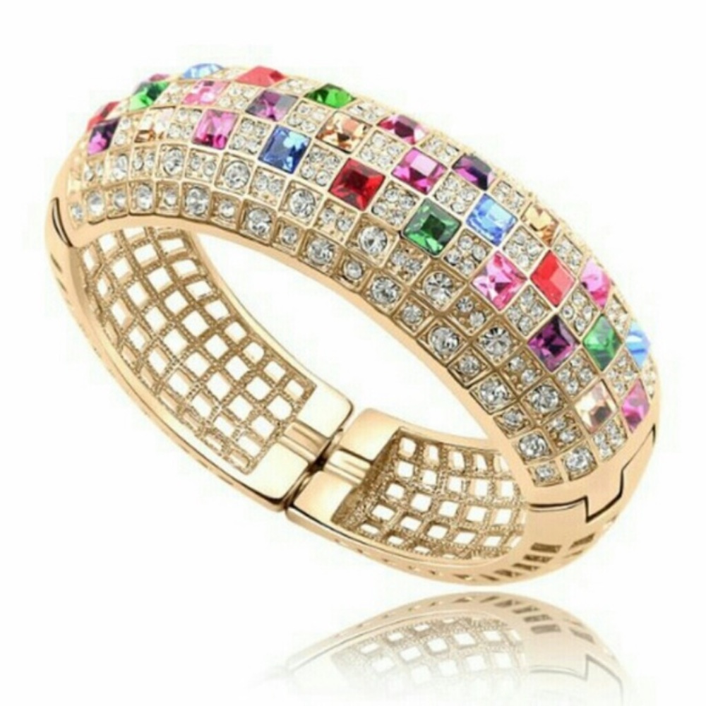 Studded gold OR silver bangle bracelet with colorful rhinestones